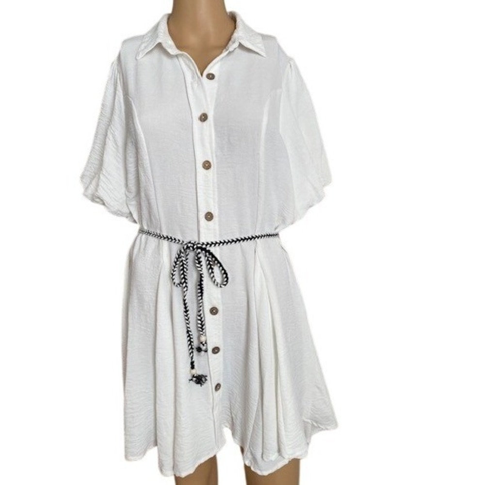Women's L Button Down Shirt Dress Balloon Puff Sleeves Cottage Core Blush Flirty